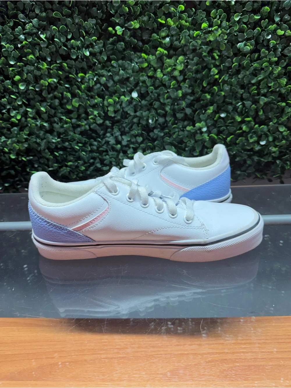 Vans White Low-Top Sneakers with Light Blue Heel & Pink Accent